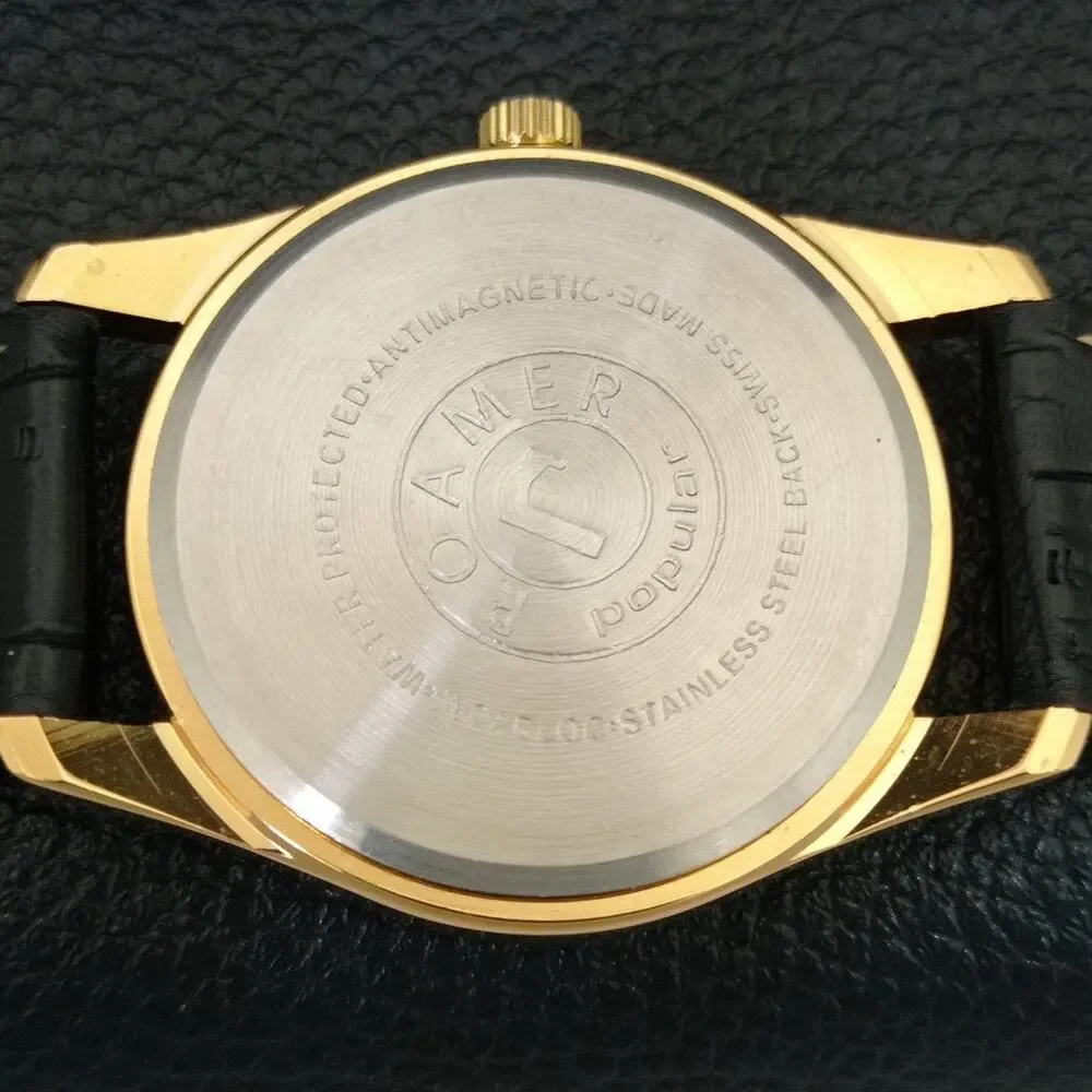 Vintage 1976 Roamer Manual Mens Gold Watch W/Leather Strap & White accents